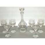 Baccarat 'Massena': cut crystal decanter with stopper, H33cm and six wine glasses, H18cm