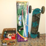 Boxed Firebird Commander remote control aeroplane by Hobbyzone, Scrub mountain board, and five die