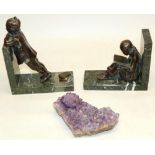 Mid 20th variegated marble figural bookends and an amethyst geode