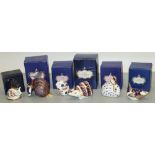 Royal Crown Derby porcelain paperweights: Badger, gold stopper; Hedgehog, gold stopper; Rabbit,