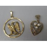 9ct yellow gold heart pendant set with seed pearls, stamped 375, and a 10ct yellow gold eagle