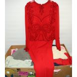 Vintage ladies clothing including pull overs, shirts, 3/4 length dresses, ladies full length red