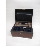 Victorian walnut ladies vanity case, fitted interior with five silver plate topped clear glass