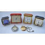 Rotary gold plated hunter pocket watch, Ingersoll pocket watch and 4 travel alarm clocks. (6)