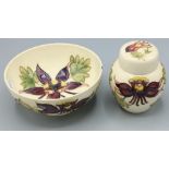 Moorcroft ginger jar and bowl, c1990s, both with purple flowers on cream ground, bowl D16cm,