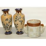 Pair of late C19th Doulton Lambeth stoneware vases with floral decoration on beige ground, impressed