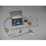 Collection of Sterling silver jewellery incl. necklace set with tigers eye, a pair of hoop earrings,
