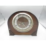 1930's oak cased Westminster chiming mantle clock, chrome plated bezel enclosing applied silvered