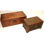 Late C19th Tunbridge ware walnut writing slope, hinged lid and front decorated with two geometric