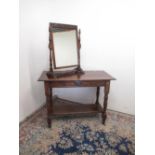 Edwardian oak single drawer dressing table, on turned supports with platform stretcher, W99cm