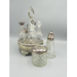 Early C20th five piece silver plated and cut glass cruet set, a sterling silver topped dressing