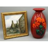 Anita Harris Studio flambé glaze vase decorated with painted flowers, H21cm, and a framed painted