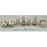 George V hallmarked silver five-piece cruet, Birmingham 1927-33 a Victorian silver shell salt spoon,