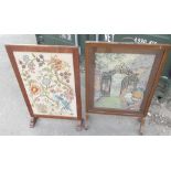 Two C20th fire screens with inset needlework panels, W38.5cm H77cm & W52cm H82cm