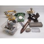 Betacom Regal French telephone, green telephone, kitchen scales and weights, assorted cutlery, etc.