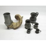 Ram horn and pewter candlestick with five various pewter tankards (6)