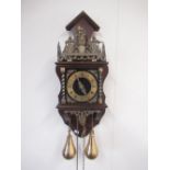 F.H.S.- C20th German mahogany wall clock, applied brass Roman chapter ring, spandrels and barley