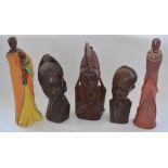 Three solid wood carved African native figure heads (largest 43.5cm tall) and 2x limited edition