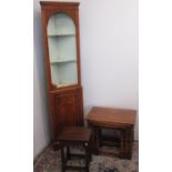 Oak nest of three tables, oak coffee table and a yew corner cabinet, W43cm H170cm max (3)