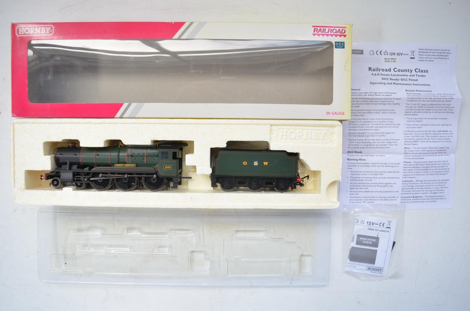 Boxed Hornby OO gauge GWR 4-6-0 1006 County Of Cornwall electric locomotive with tender (R2937), DCC