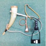 Modern cow horn powder flask with shoulder strap, unusual looped copper hunting horn, Marksman