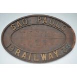 Wooden relief railway sign "Sao Paulo Railway 1936", 43.9x28.2cm.