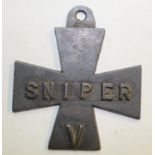 Unusual "medal" made in steel with SNIPER V engraved to front. Presented to Walter Mason
