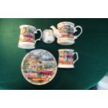 Sadler Morris Minor mugs, teapot and plate, and a Sadler mini teapot, mug and plate