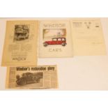 Brochure for Windsor cars, letter from factory, newspaper cutting and advert dated 1925