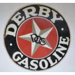 Circular plate steel enamel advertising sign for Derby Gasoline. D55.5cm