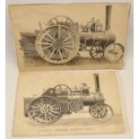 Two pencil drawings of a McLarens Compound Traction Engine and Aveling, signed by Alfred Hope