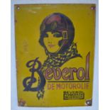 Plate steel enamel advertising sign for Beverol De Motorolie, 22.8cm x 30.6cm.