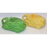 Two Sadler car tea pots green and yellow glaze (2)