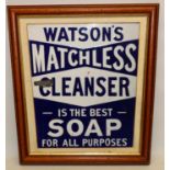 Framed Watsons Matchless Cleanser enamel sign, 37cm x 41cm