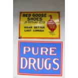 Red Goose shoes enamel sign and a Pure Drugs enamel sign, max W37cm