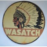 Circular plate steel enamel advertising sign for Wasatch (Gasoline Company) D61.1cm