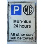 Modern steel plate reproduction photographic sign, "MG All Other Cars Will Be Towed", 69.8cm x 49.