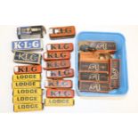 Ten KLG Plug tins with plugs some sealed, 6 Pacy plugs in boxes, 6 Lodge plugs, etc.