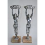Pair of c1930's chromed art deco figures of ladies holding flower garlands on alabaster bases. H35.