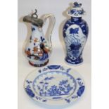 Blue and white Delftware plate with chinoiserie decoration, D22cm; C19th jug decorated with