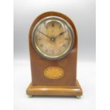 H.A.C.- Edwardian inlaid mahogany timepiece, signed celluloid Roman dial with outer rail rack