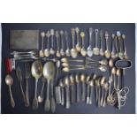 Collection of metal spoons, some hallmarked silver (mostly steel/plated) to include hotel spoons (