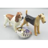Royal Crown Derby Red Legged Partridge paperweight with gold stopper, boxed; and two Beswick dogs:
