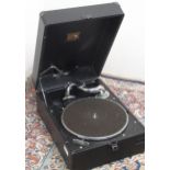 HMV black cased table top windup gramophone, with chrome accessories, W30cm D41cm H18cm