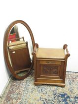 Victorian walnut piano stool, with upholstered top and leaf carved fall front on bracket feet, W54cm