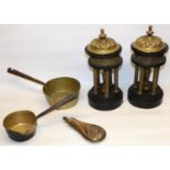 Pair of Victorian slate and brass clock garniture temples H34cm, C19th copper and brass powder flask