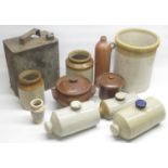 Collection of stoneware incl. large bread container, three hot water bottles, Carricks Cumberland