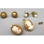 Pair of 9ct yellow gold earrings set with cameos, and two other pairs of 9ct yellow gold earrings,