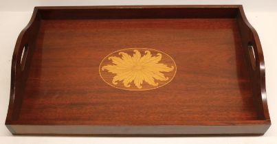 Large Geo.111 style rectangular tray, inlaid with central leaf, W72cm D46cm