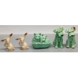 Sylvac ceramic figures: two terrier figures #1378, two cats in a basket #1296, and two lop eared